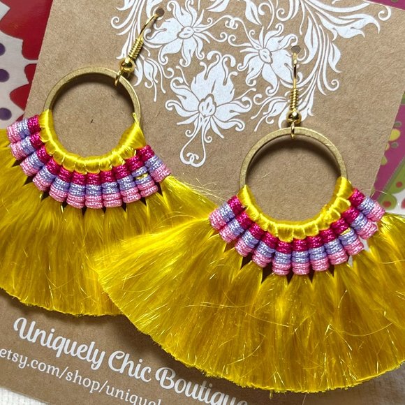 Med Fan Tassel Earrings Yellow Hoops Smooth Shiny Silky Fringe Drop Dangles NWT - Picture 2 of 4